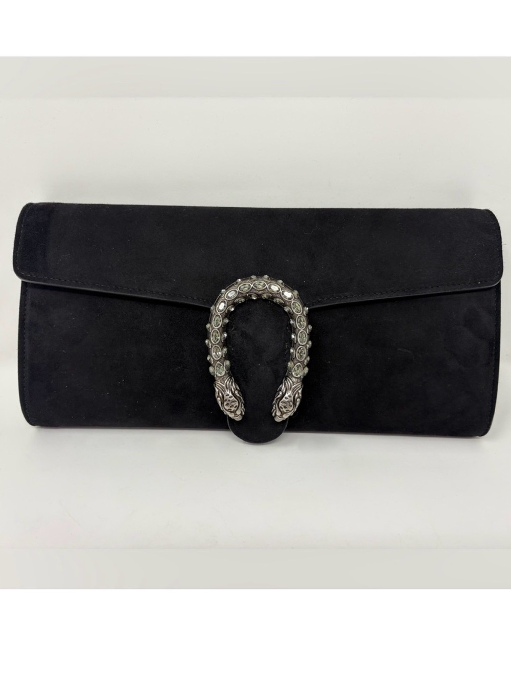 Gucci Black Suede Dionysus Clutch Evening Bag Silver Jeweled Tiger Head Italy